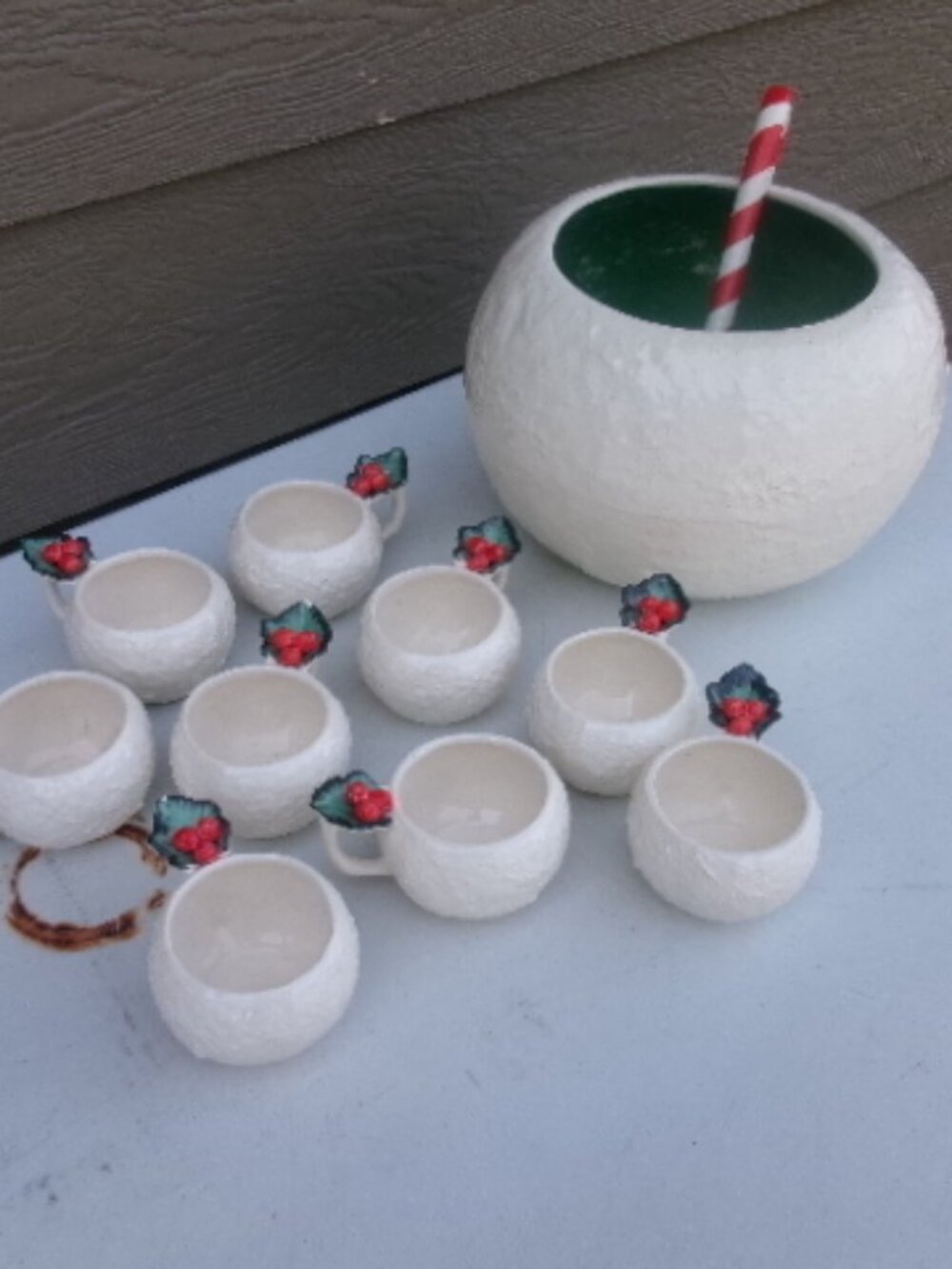 Vtg Riddell Cal pottery 50s signed snowball punchbowl set